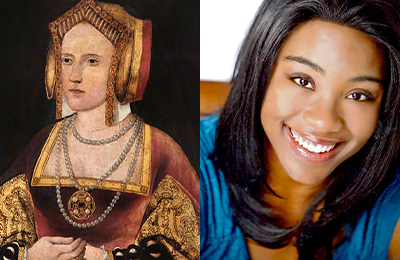 Portrait of Catherine of Aragon and headshot of Adrianna Hicks