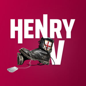 A pair of well-worn, black combat boots positioned in front of large, bold white text of the name of the play. The boots are placed against a solid pink background. The left boot, which is partially untied, is propped up against the right boot. Affixed to the right boot is a small shield with a St. George's cross. Attached to the laces of the right boot is a pair of metallic dog tags, hanging down towards the ground, reflecting some light.