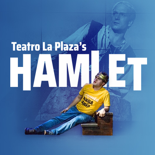 Blue gradient background, with foreground depicting a young man leaning and seated on a low wooden step wearing a bright yellow t-shirt with bold black text and light blue jeans and behind him, an enlarged monochromatic image of Laurence Olivier as Hamlet, also leaning.