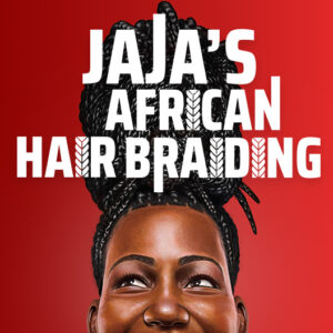 The top half of the head of a young woman with brown skin and black hair with braids styled in an intricately braided bun on top of her head and white text on a red background. Every occurrence of the letter "I' in the title art has a textured pattern within the letters, resembling braided hair.