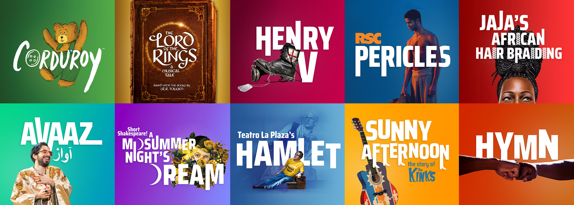 A colorful grid of promotional posters for ten different theatrical productions in the 24-25 season for Chicago Shakespeare Theater, with titles in large bold white text and colorful backgrounds featuring varied imagery that represents each production.